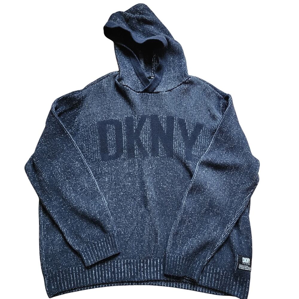 DKNY Jeans Hooded Sweater Mens Size 3XL Dark Blue Knit Pullover Heavy Warm